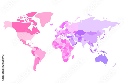 Multicolored map of World. Simplified political map with national borders of countires. Colorful vector illustration in pink-violet spectrum colors.