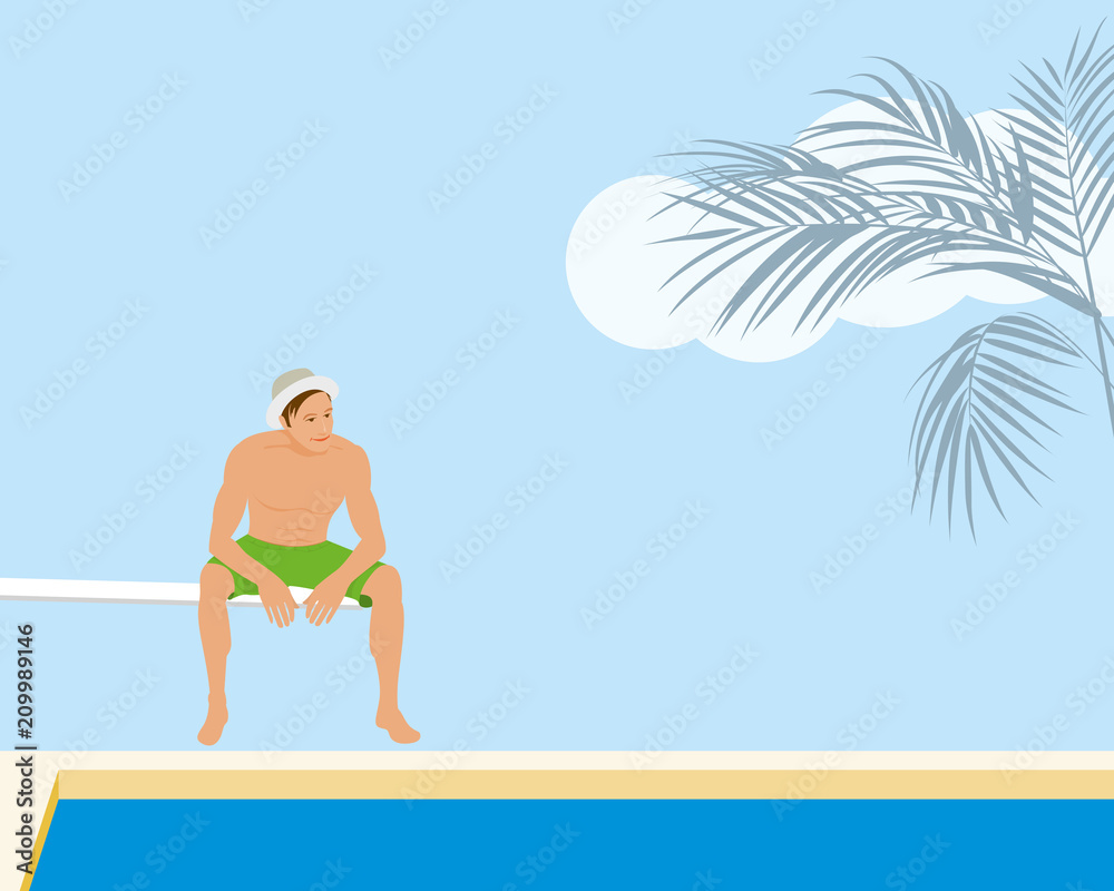 Man sitting on springboard at the resort swimming pool