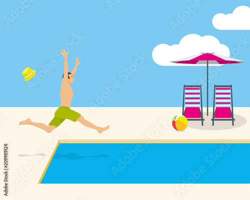 Young man jumping into a tropical swimming pool while on vacations at tropical resort

