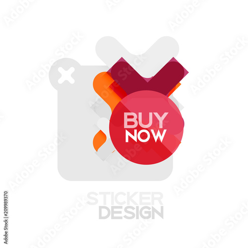 Flat design cross shape geometric sticker icon, paper style design with buy now sample text, for business or web presentation, app or interface buttons