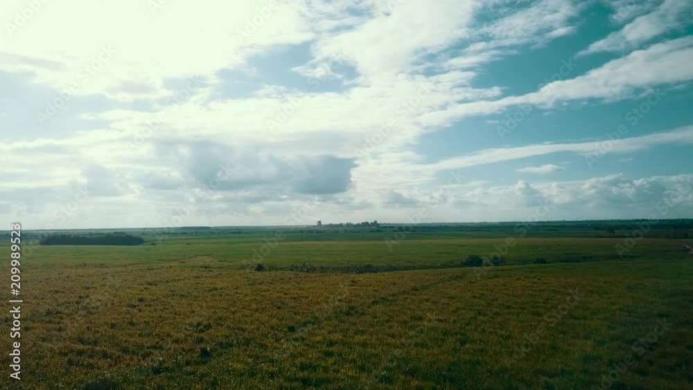 Beautiful sunny day aerial drone shot over a green farmer's field in South America flying slow Beautiful sunny day aerial drone shot over a green farmer's field in South America flying slow