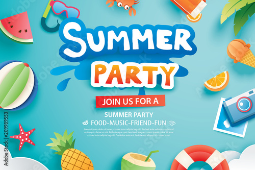 Summer party with paper cut symbol and icon for invitation background. Art and craft style. Use for ads, banner, poster, card, cover, stickers, badges, illustration design.