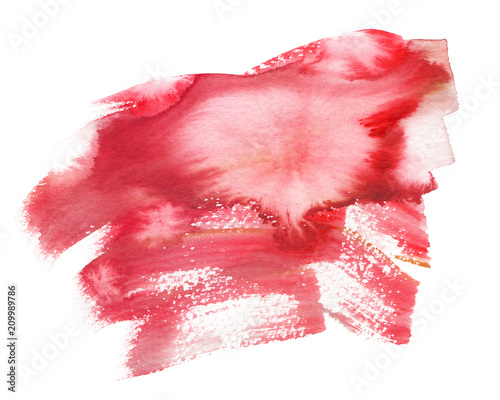 Vivid bright red brush strokes painted in watercolor on clean white background