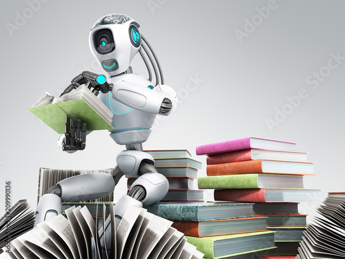 modern concept of piece intelligence robot is reading books sitting on a pile of books3d render on grey photo