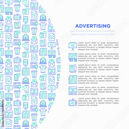 Advertising concept with thin line icons: billboard, street ads, newspaper, magazine, product promotion, email, GEO targeting, social media, strategy. Vector illustration, web page template.