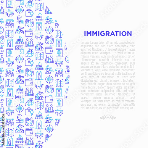 Immigration concept with thin line icons: immigrants, illegals, baggage examination, passport, international flights, customs, inspection, refugee camp. Vector illustration, print media template