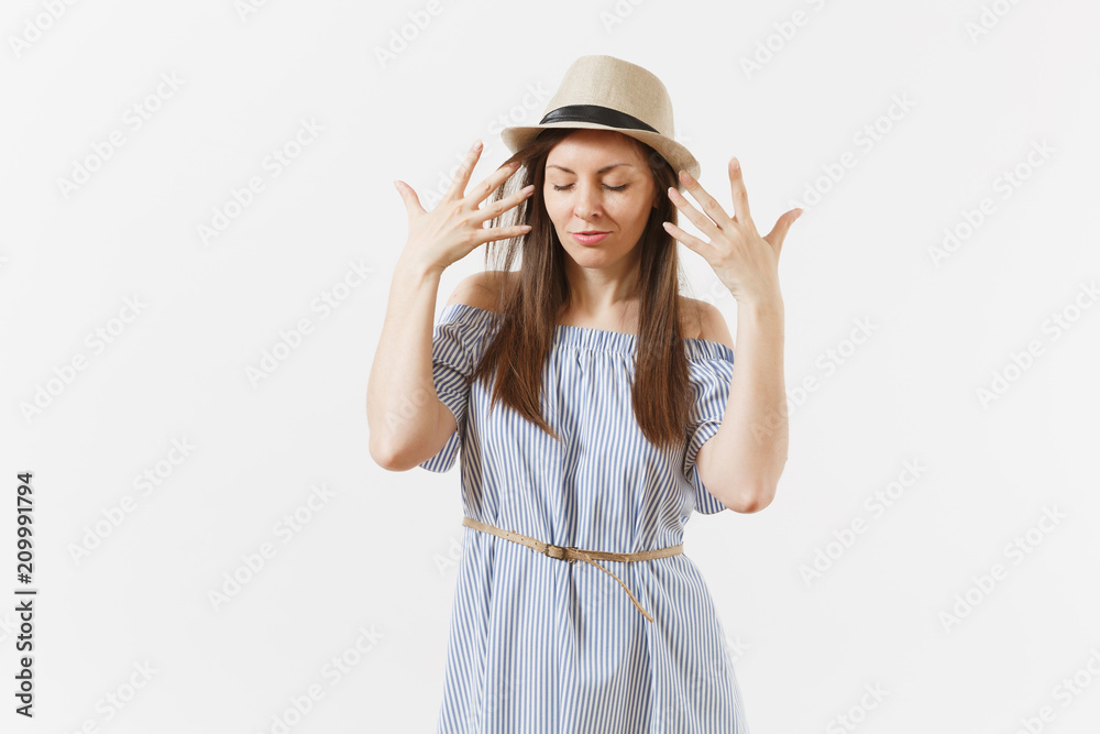 Young tender elegant charming woman dressed blue dress, cute hat with long brunette hair posing isolated on white background. People, sincere emotions, lifestyle concept. Advertising area. Copy space. Young tender elegant charming woman dressed blue dress, cute hat with long brunette hair posing isolated on white background. People, sincere emotions, lifestyle concept. Advertising area. Copy space.
