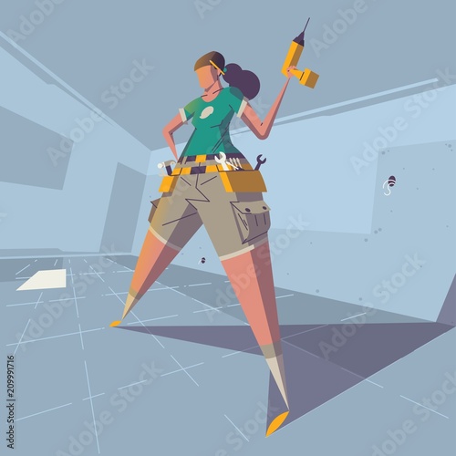 female holding a drill in her hand illustration