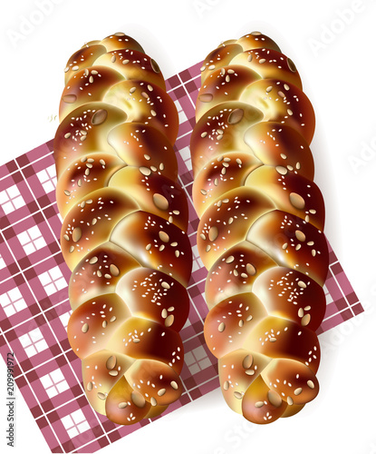 Bread realistic Vector. Tasty baked goods on gingham pattern. detailed 3d ill...