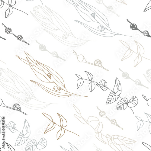 Eucalyptus leaves and berries vector seamless pattern.
