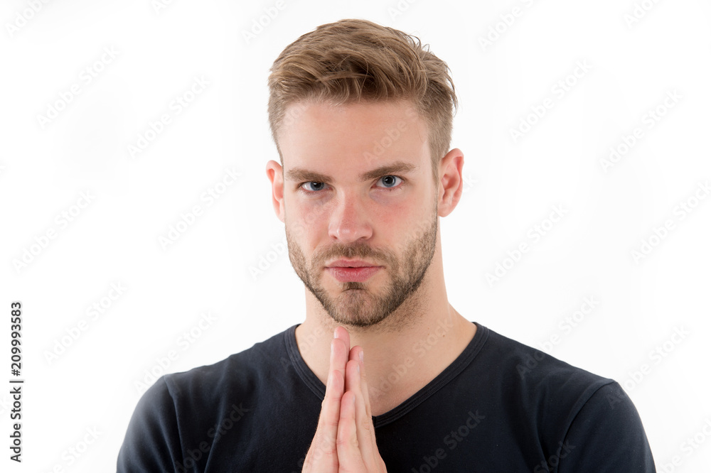 Bearded man pray isolated on white. Guy prayer hold hands clasped near unshaven face. Full concentration. Praying for something. Calm and handsome Bearded man pray isolated on white. Guy prayer hold hands clasped near unshaven face. Full concentration. Praying for something. Calm and handsome