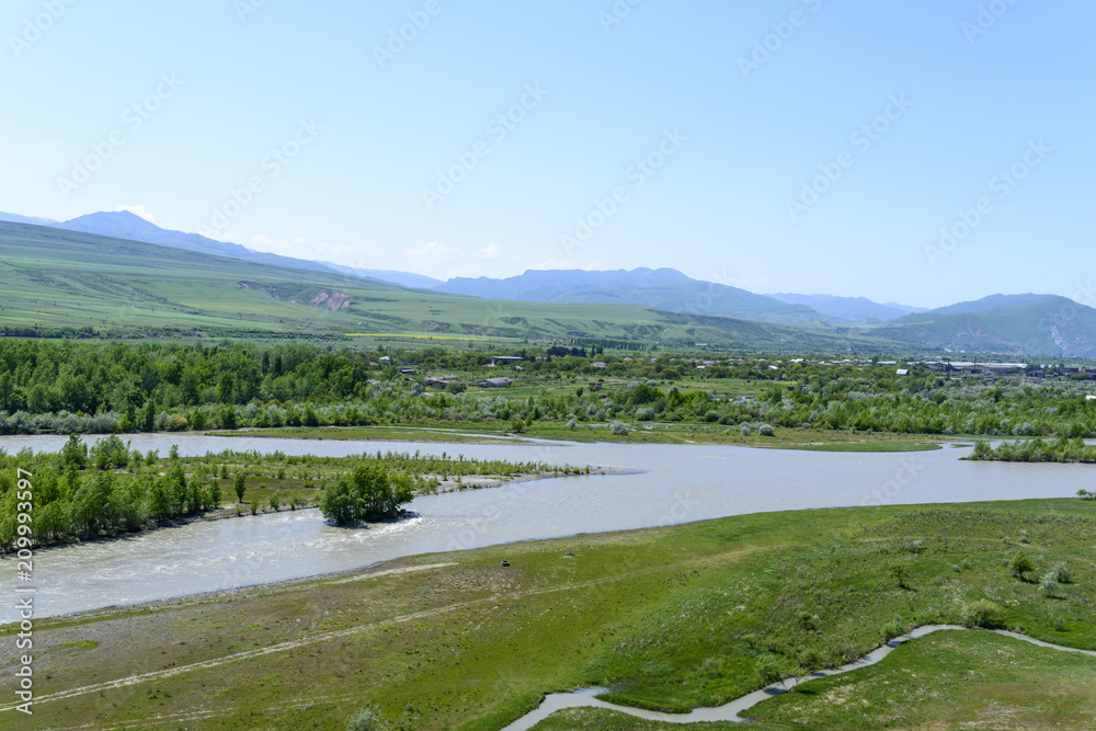 View on Aragvi and Kura (Mtkvari) rivers from the ancient rock city of Uplistsikhe (Upliscyche), Georgia
