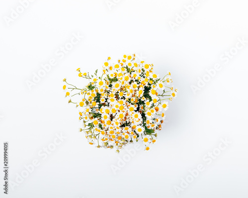 Bright bouquet of daisies on white table