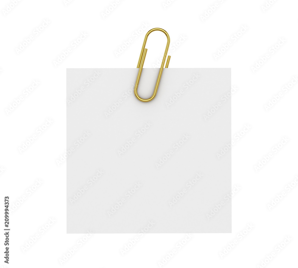 The gold clip is attached to the paper on a white background. 3D illustration The gold clip is attached to the paper on a white background. 3D illustration