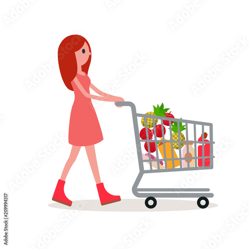 Young woman with shopping cart. Fat style. Vector.