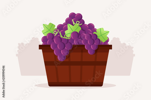 Grapes in Basket. Flat Design Style. 