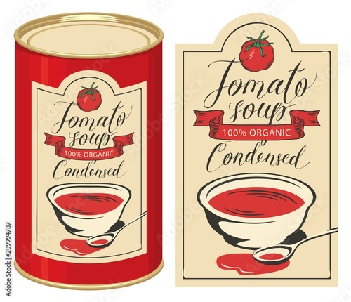 Vector illustration of label for condensed tomato soup with handwritten inscriptions and tin can with this label