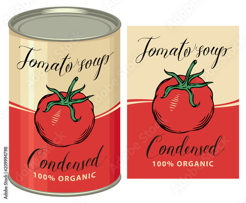 Vector illustration of label for condensed tomato soup with handwritten inscriptions and tin can with this label