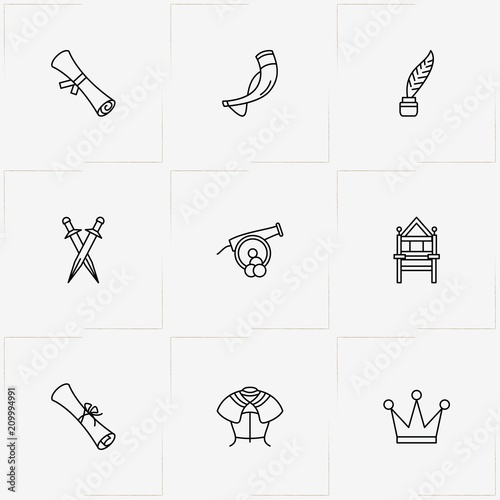 Middle Ages line icon set with scroll , crown  and drinking horn