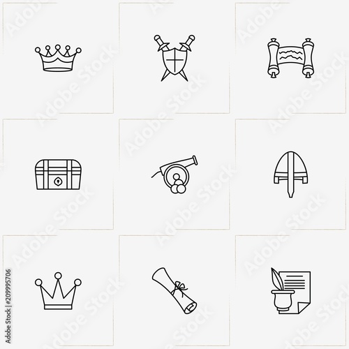 Middle Ages line icon set with dower chest, feather and scroll