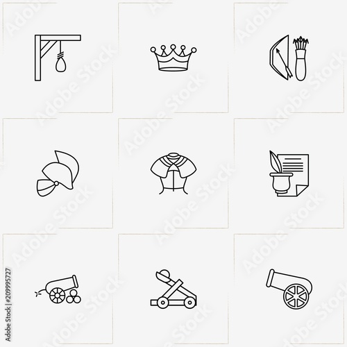 Middle Ages line icon set with crown , armor  and cannon