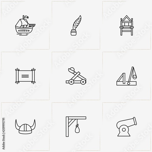 Middle Ages line icon set with viking helmet, cannon  and catapult