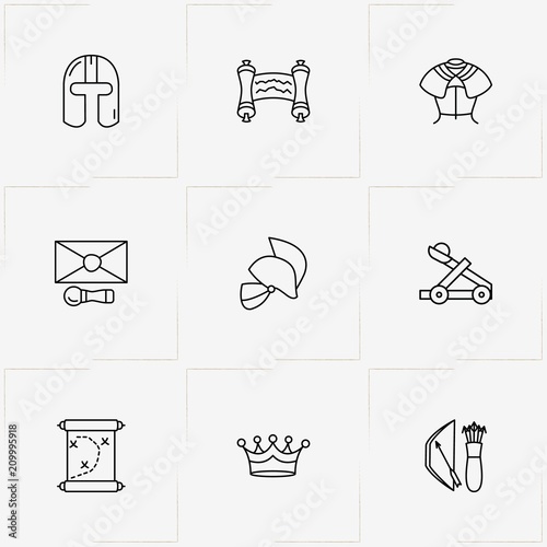 Middle Ages line icon set with warrior helmet , crown  and scroll