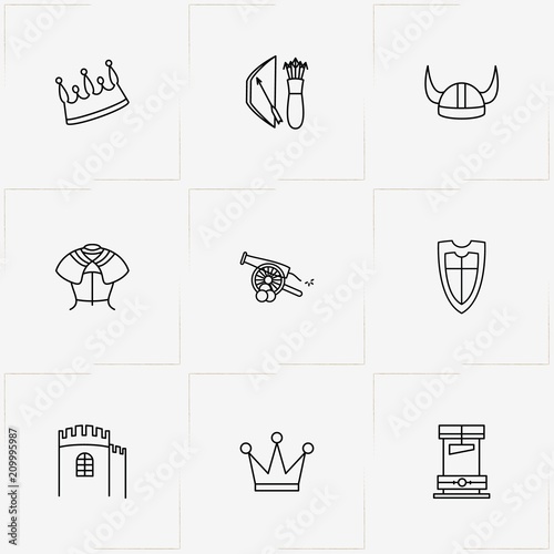 Middle Ages line icon set with shield , cannon  and fortress