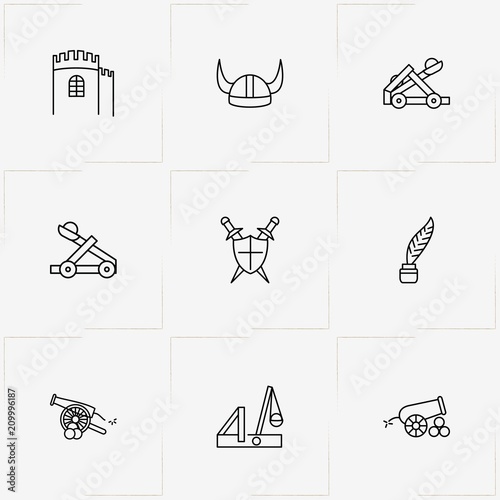 Middle Ages line icon set with viking helmet, fortress and feather