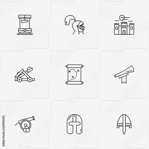 Middle Ages line icon set with scroll , catapult and warrior helmet