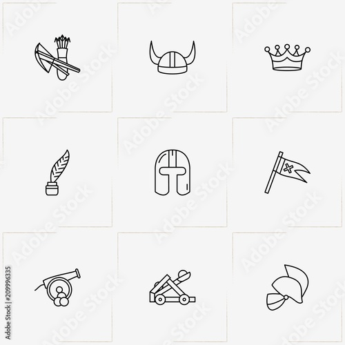 Middle Ages line icon set with bow and arrows, crown  and cannon