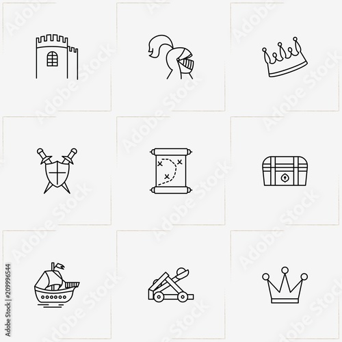 Middle Ages line icon set with sailing ship , crown  and fortress
