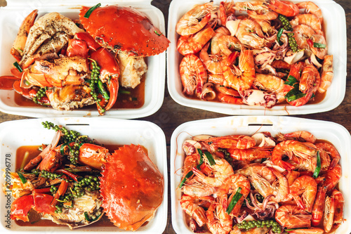 Freshly prepared crabs, squid and shrimp.