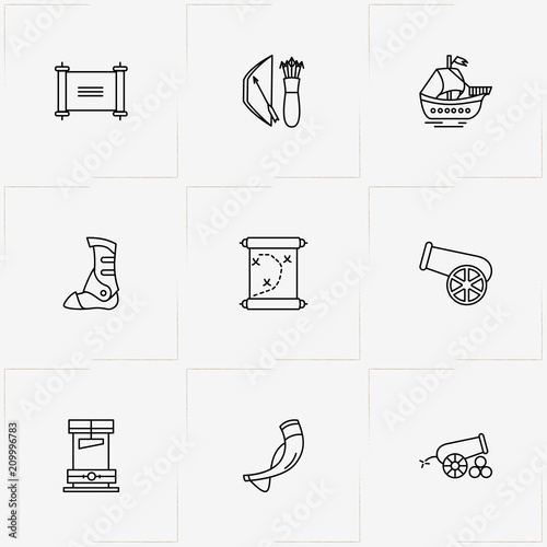 Middle Ages line icon set with guillotine , cannon  and bow and arrows