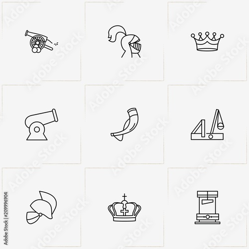 Middle Ages line icon set with cannon , drinking horn  and catapult