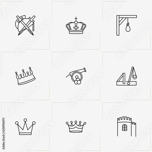 Middle Ages line icon set with crown , catapult and gallows
