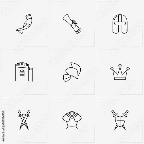 Middle Ages line icon set with armor , fortress and drinking horn