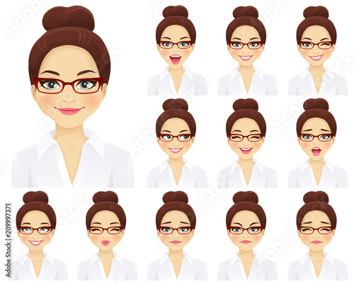 Business woman with different facial expressions set isolated