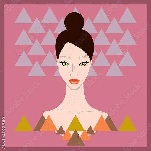 Beautiful stylish young woman face on dark pink background with triangle geometric shapes. Style of 80s