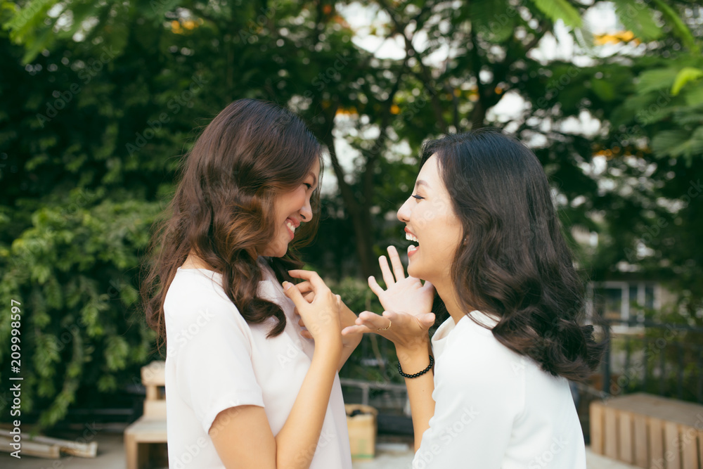 Beauties in style. Two beautiful young well-dressed women smiling at camera while standing embracing outdoors Beauties in style. Two beautiful young well-dressed women smiling at camera while standing embracing outdoors