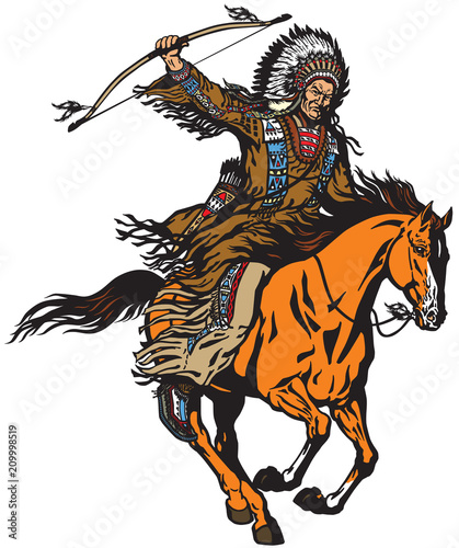 native indian chief wearing a feather war bonnet and riding a mustang pony horse in the gallop. Nomadic horseman archer warrior or hunter sitting on a horseback and holding a bow . Isolated vector