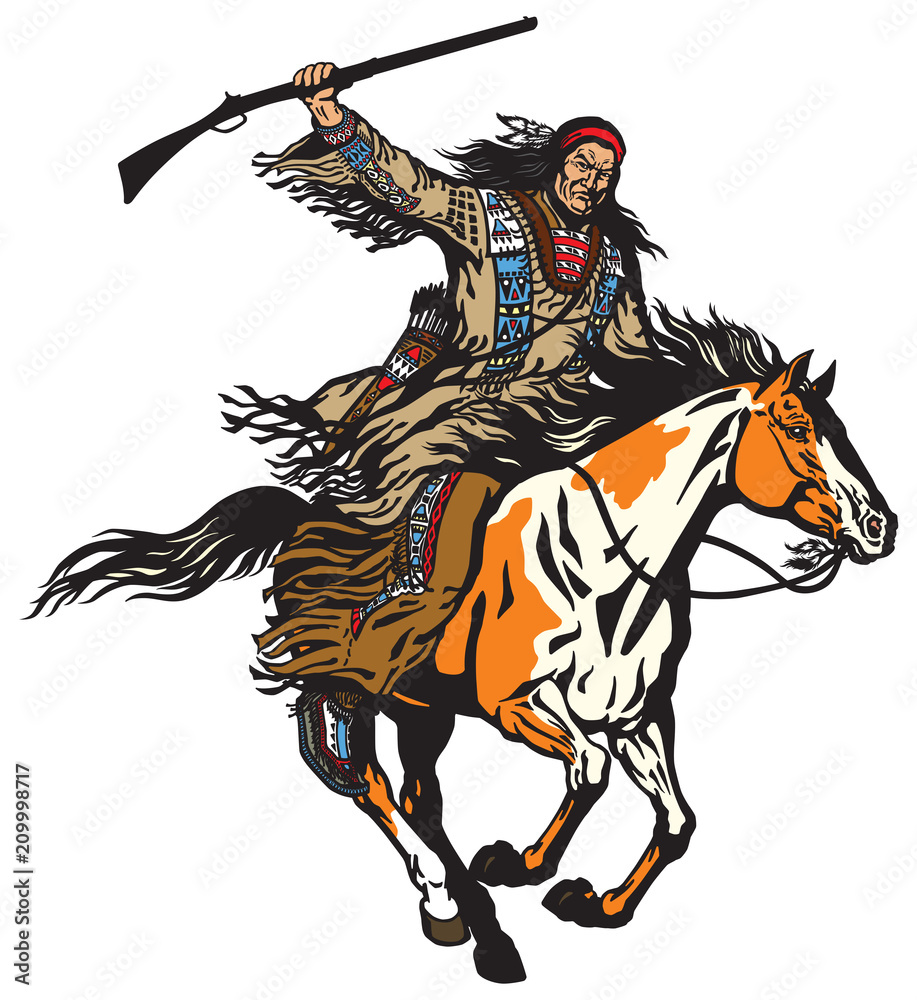 American native Indian man holding a rifle and riding a pinto colored pony horse in the gallop . Nomadic horseman warrior or hunter on a mustang in the gallop . Isolated vector illustration