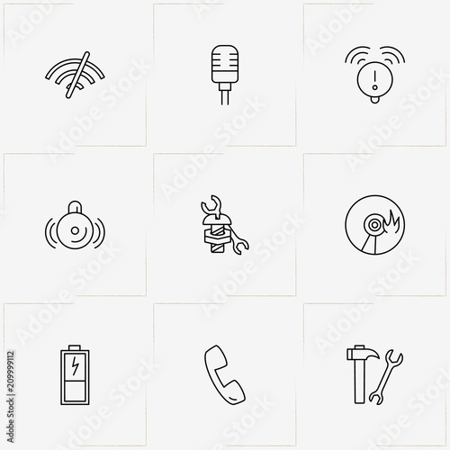 Mobile Interface line icon set with compact disk, tools and alarm