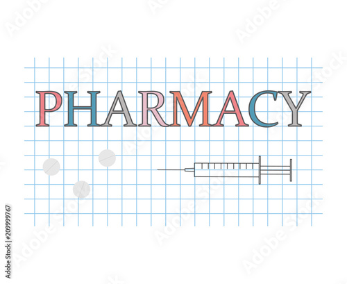 Pharmacy word on checkered paper sheet- vector illustration