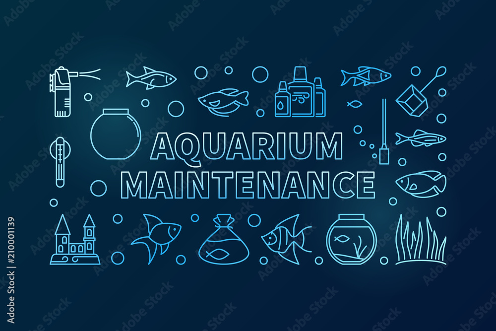 Fototapeta premium Aquarium maintenance blue vector banner on dark background