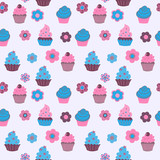 Cute decorative seamless pattern with sweet cupcakes and flowers