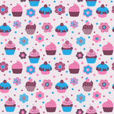 Cute decorative pattern with sweet cupcakes and different flowers