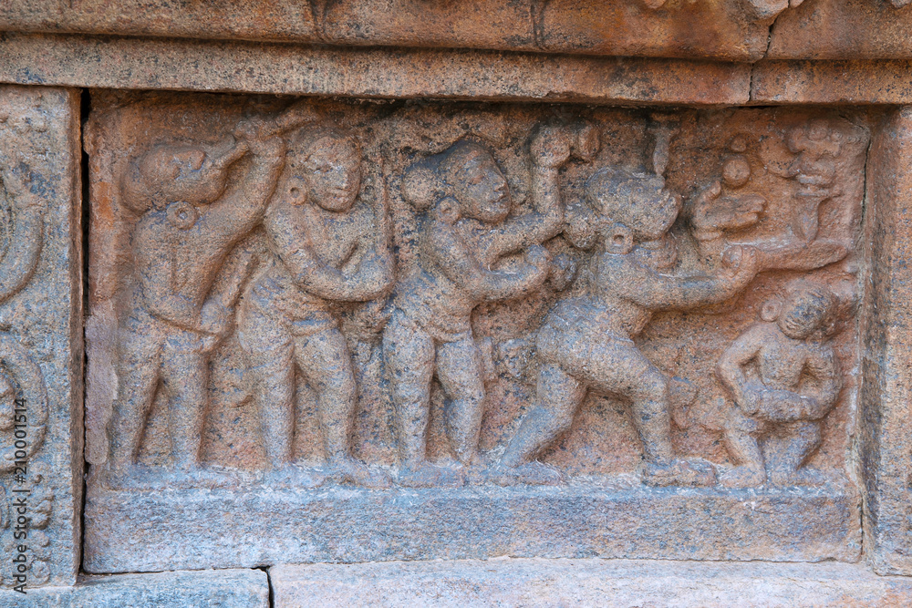 Panel showing scene of jugglery, base of North mandapa, Airavatesvara Temple complex, Darasuram, Tamil Nadu