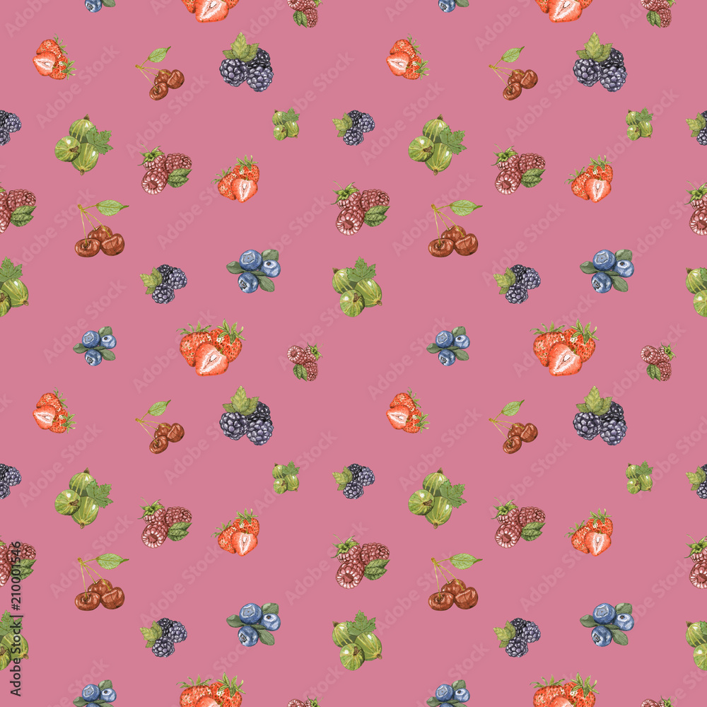 Watercolor hand drawn berry seamless pattern. Fresh strawberries, raspberries, gooseberries, blueberries, blackberries, cherries  are  on pink background.