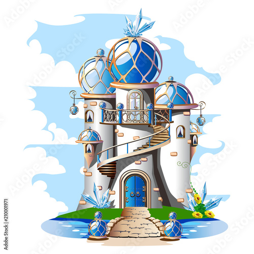 Fairytale castle with a blue domed roof, a balcony and crystals